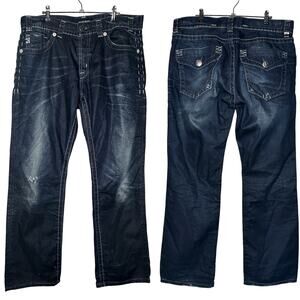 MEK Denim Y2K Harbin Straight Jeans Distressed Flap Pocket 36 x 32 Button Mens
